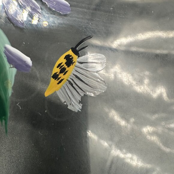 Hand Painted Glass Plate Bees Purple Flowers Decorative Floral Botanical Footed - Picture 7 of 9